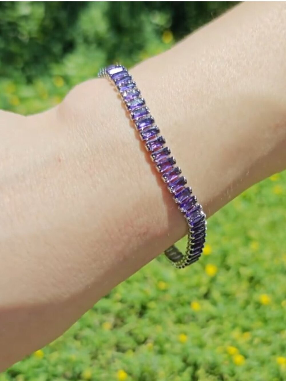 Sparkling Cushion Cut Amethyst Cubic Zirconia Tennis Bracelet Silver Plate